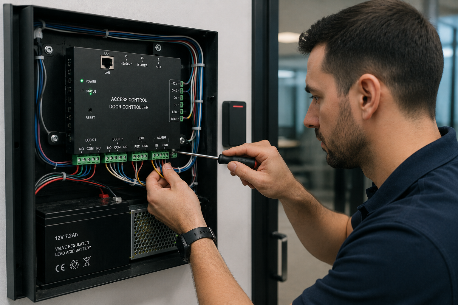 Technician wiring a door access controller panel
