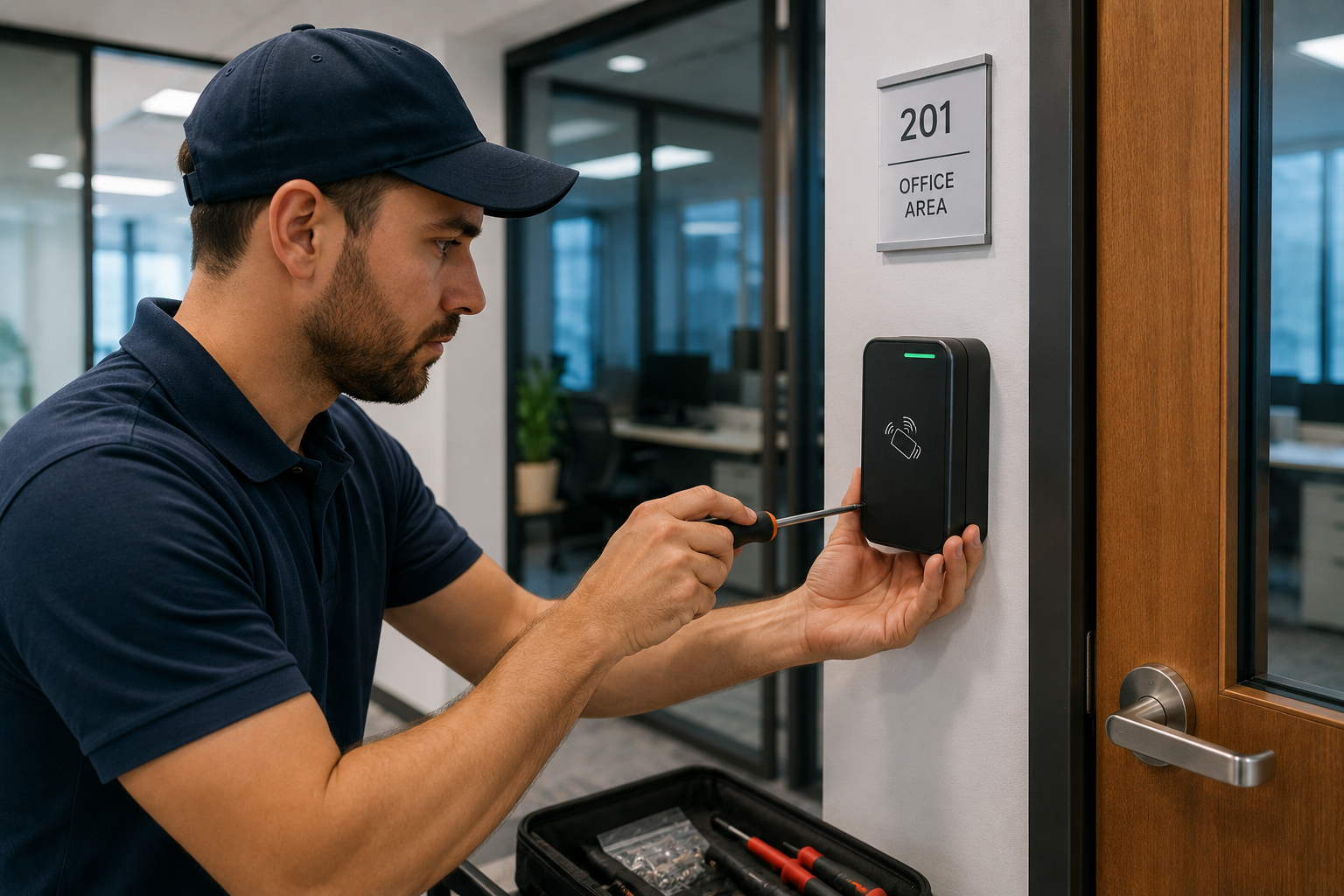 Technician installing a keycard badge reader next to an office door