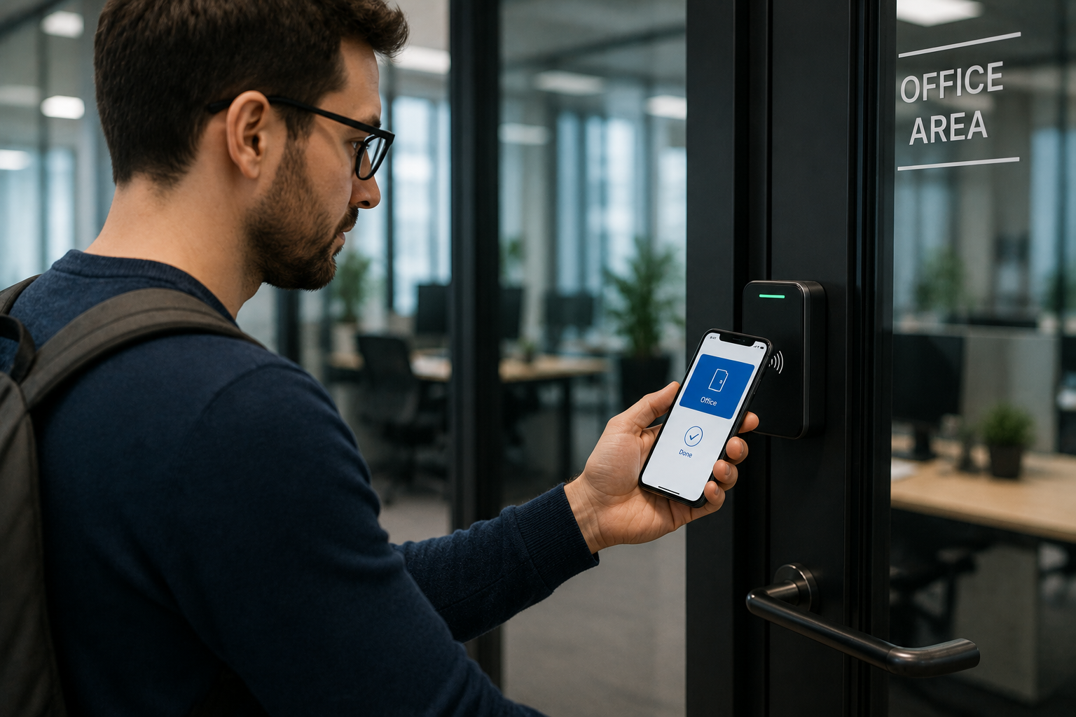Employee using a smartphone to unlock a door with mobile credential access